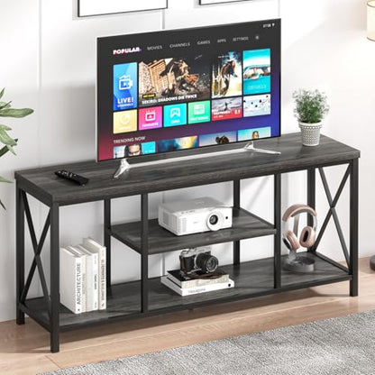 Modern TV Stand for TV up to 65 Inch, Rustic Wood Entertainment Center with Storage Shelves, Industrial Media TV Console and TV Table for Living Room Bedroom, 55 Inch Dark Gray
