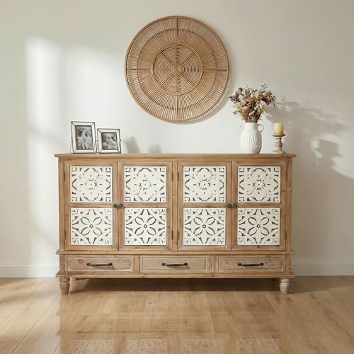 59" French Country Vintage Sideboard Buffet Cabinet with Embossed Floral Metal Doors and Solid Wood Frame, Retro Storage Cabinet for Kitchen, Living Room,Natural Wood