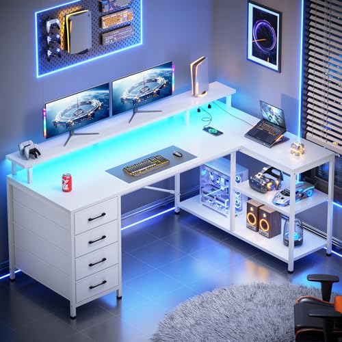 L Shaped Gaming Desk with 4 Drawers, Shelves, Power Outlets, White, view 2