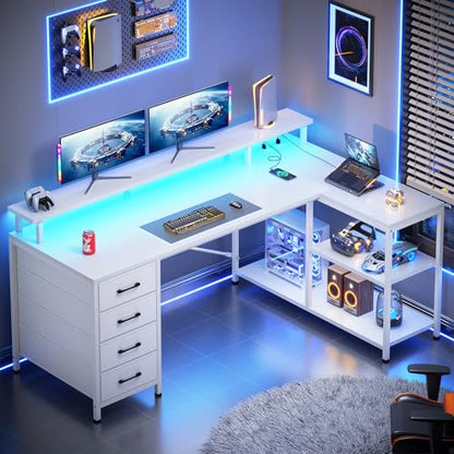L Shaped Gaming Desk with 4 Drawers, Shelves, Power Outlets, White, view 2