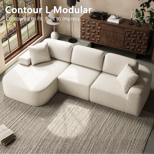 107'' Modular Sectional Sofa Couch with Chaise, No Assembly Required, Modern Bouclé-Inspired Upholstery, Convertible L-Shaped Design for Living Room – Ivory Beige