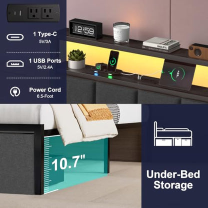 Queen Bed Frame with Storage Drawers, Charging Station and LED Lights, view 7