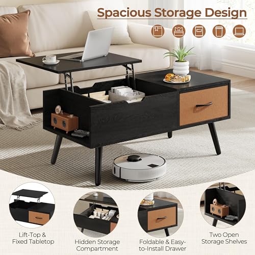 Yaheetech Lift Top Coffee Table for Living Room, Wooden Small Center Tables with Large Storage Shelf Drawer and Hidden Compartment Modern, Black