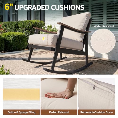 Rocking Bistro Set,3 Piece Wicker Patio Furniture Set with 2 Outdoor Rocker Chairs,Rattan Back,Aluminum Wood-like Armrest,Sturdy Metal Frame,6" Soft Cushions for Porch,Balcony,Yard