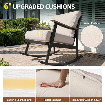 Rocking Bistro Set,3 Piece Wicker Patio Furniture Set with 2 Outdoor Rocker Chairs,Rattan Back,Aluminum Wood-like Armrest,Sturdy Metal Frame,6" Soft Cushions for Porch,Balcony,Yard