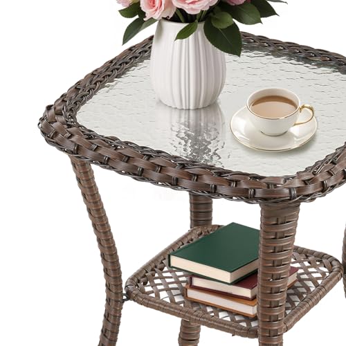 Patio Tables Wicker Side Table, Outdoor End Table with Storage Shelf, Patio Furniture Side Table for Sofa, Swivel Chairs, Garden, Balcony - Dark Brown
