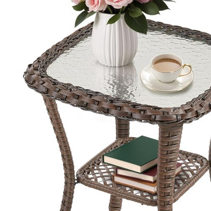 Patio Tables Wicker Side Table, Outdoor End Table with Storage Shelf, Patio Furniture Side Table for Sofa, Swivel Chairs, Garden, Balcony - Dark Brown
