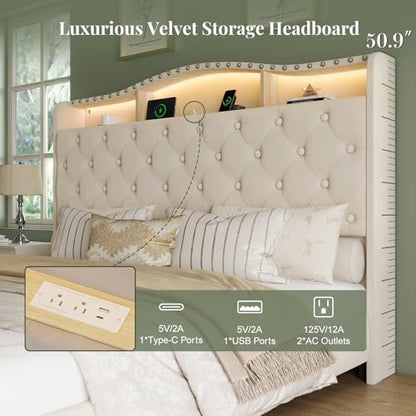 Platform Bed Frame with 50.9" LED Headboard, Queen Beige, view 4