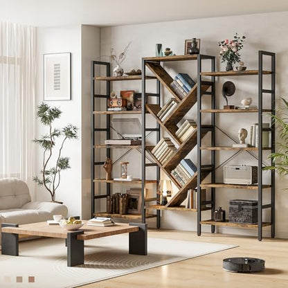70x70 Triple 5 Tier Book Shelf, Large Wooden Bookcase with 17 Open Display Shelf, Modern Tree Bookshelf Metal Frame Tall Book Case Furniture for Living Room Bedroom Home Office Rustic Brown