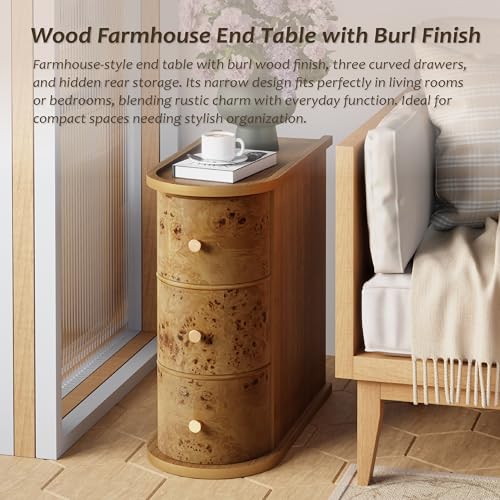 Rustic Farmhouse Narrow 3 Drawer End Table with Burl Finish, Brown | Natural Burl Sofa Side Table with Metal Knobs, Slim Bedside Table with Back Storage Space for Small Space, Bedroom