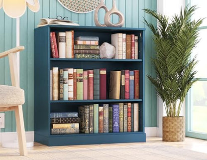 Solid Wood Bookcase - 3 Tier Floor Standing Bookshelf - 36" Short Storage Shelf, 32” W - Teal Blue, Display Furniture for Room, Renewable 100% Eco-Friendly Wood, Made in Brazil