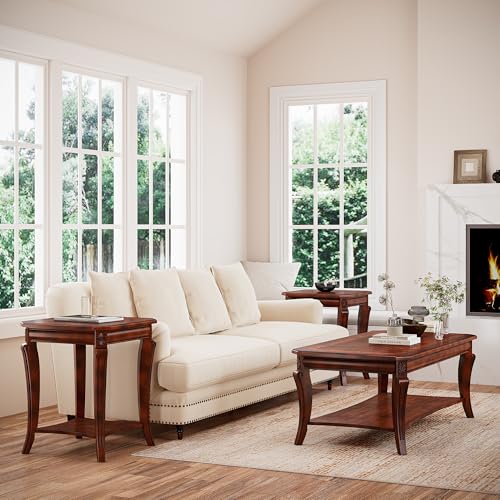 Set of 2 Solid Wood End Table for Living Room, 2-Tier Square Cherry Wood Nightstand, Mid Century Queen Anne Style Antique Side Table, 19.7" D x 19.7" W x 23.8" H, Cherry Walnut CJZ-A1168-WD