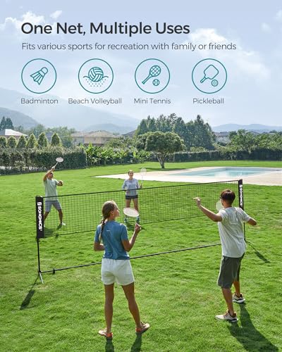 SONGMICS Badminton Net, Height Adjustable Volleyball Net, Pickleball Net for Junior Tennis, Kids, Indoor Outdoor Court, Foldable Nylon Net with Poles 10ft/13ft/16.5ft Wide
