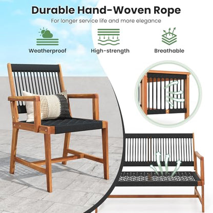 4 Pieces Patio Furniture Set Acacia Wood Conversation Set with Hand-Woven Rope Design, Ergonomic Loveseat & Single Chairs, Wooden Chair & Table Set for Porch Yard Poolside