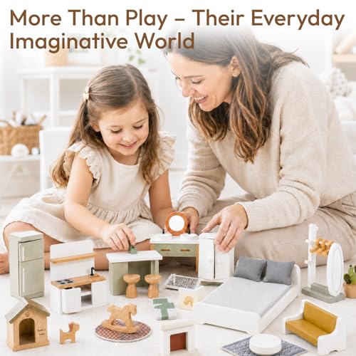 33 PCS Wooden Dollhouse Furniture Set, Modern Doll House Accessories with Bedroom, Kitchen, Bathroom, Nursery & Living Room, Montessori Pretend Play Toys for Kids Girls Boys Age 3+