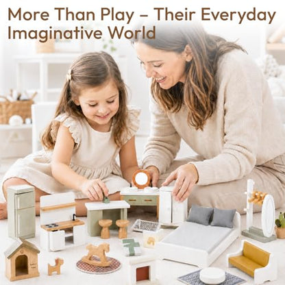 33 PCS Wooden Dollhouse Furniture Set, Modern Doll House Accessories with Bedroom, Kitchen, Bathroom, Nursery & Living Room, Montessori Pretend Play Toys for Kids Girls Boys Age 3+