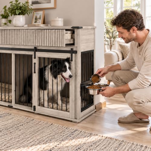 71" Double Dog Crate Furniture, Gray Oak Furniture Crate with Divider, view 8