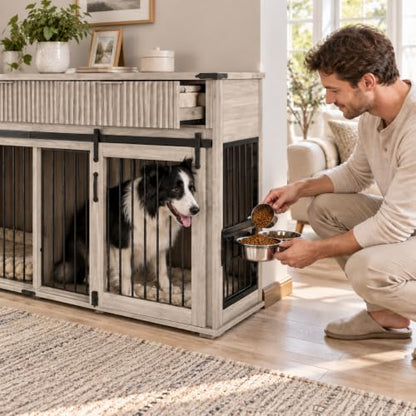 71" Double Dog Crate Furniture, Gray Oak Furniture Crate with Divider, view 8