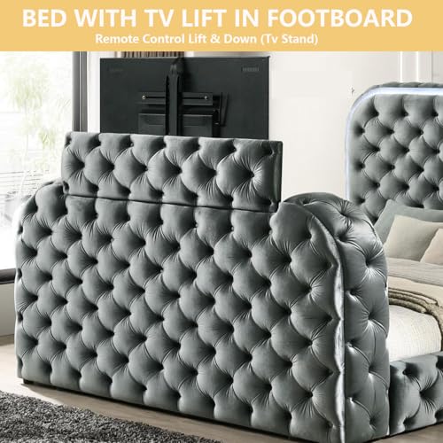 Wood Platform Bed with Tufted Headboard and Footboard in Gray, view 5