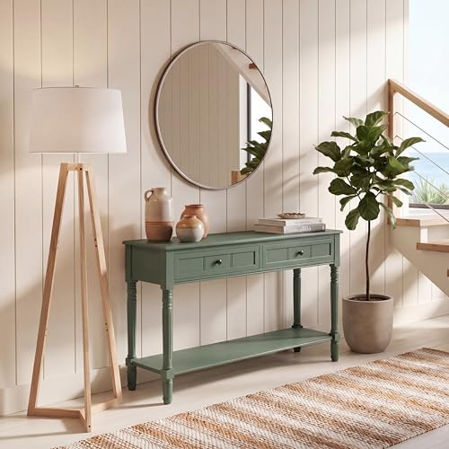 SAFAVIEH Furniture - Samantha 2-Drawer Console Table - Dusty Green - Solid Wood - Classic Storage Design - Ideal for Entryway, Living Room, Hallway, 35.8" W x 13.8" D x 29.5" H (AMH5710L)
