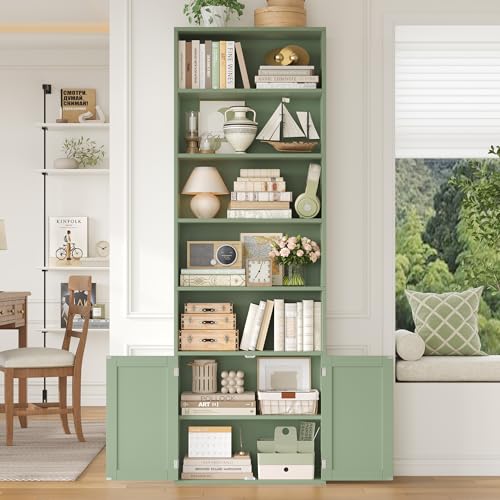 82" Tall Bookcase, Farmhouse Bookshelf with Doors, Green, view 6