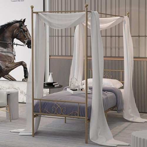 Twin Canopy Bed Frame with Headboard, Metal Twin Beds for Kids, Gold, view 5