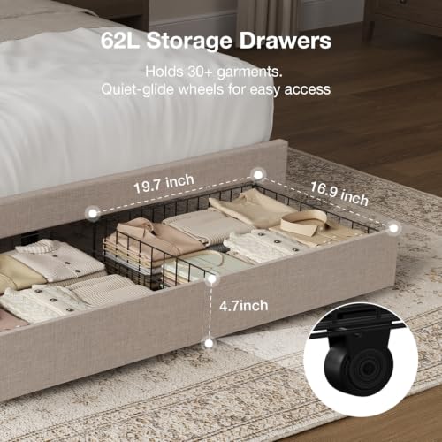 Queen Bed Frame with 2 Storage Drawers and Headboard, Linen Beige, view 5