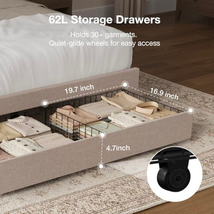 Queen Bed Frame with 2 Storage Drawers and Headboard, Linen Beige, view 5