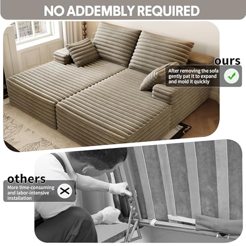 80” Oversized Double Lounge Chaise,Cloud Plush Sofa Bed,Upholstered Boneless Cloud Sofa Deep Seat,No Assembly Required,Modern Corduroy Sleeper Loveseat Chair for Living Room Bedroom Reading,Camel