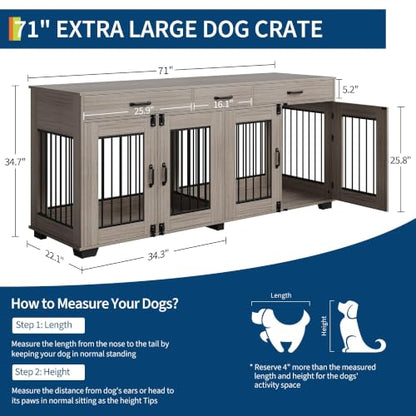 71'' Large Dog Crate for 2 Dogs, Dog Crate with 3 Drawers, Grey, view 3