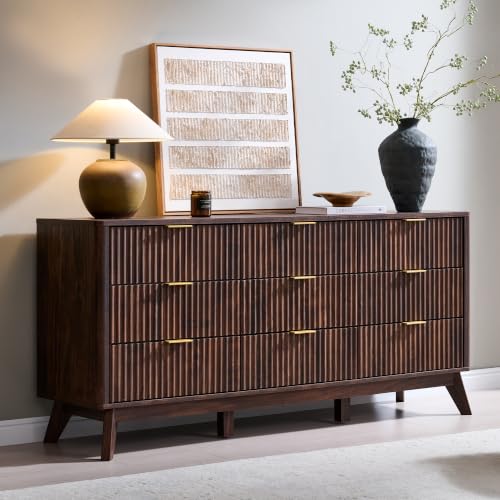 63" Wide Fluted 9 Drawer Dresser for Bedroom, Dark Walnut, view 2