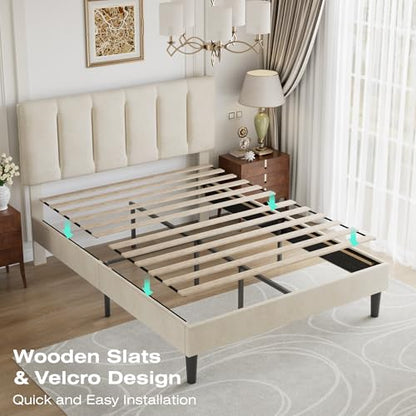 Full Size Bed Frame with Upholstered Headboard, Pale Beige, view 7