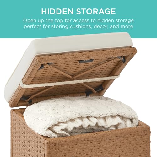 Best Choice Products Set of 2 Wicker Ottomans, Multipurpose Outdoor Furniture for Patio, Backyard, Additional Seating, Footrest, Side Table w/Storage, Removable Cushions - Natural/Ivory
