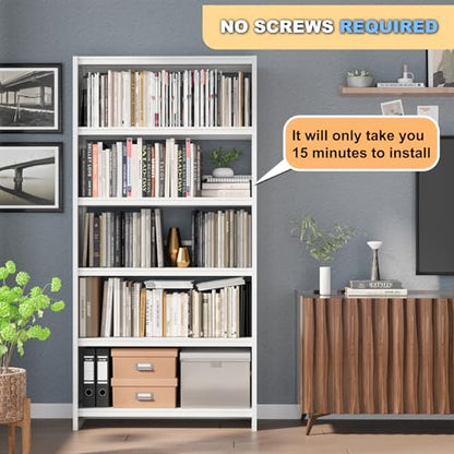 Bookshelf, 69" Tall White Bookshelf with 5 Storage Shelves, Large Metal Bookshelves, 5 Tier Sturdy Bookcase for Living Room, Library, Office, Bedroom, Including Book Stopper,Simple Assembly