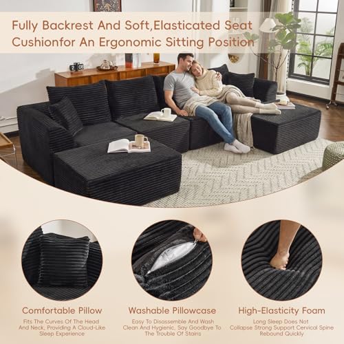 130" Sectional Couches for Living Room，U-Shaped Modular Sectional Sofa,Extra Deep Seat 6-Seater Boneless Sectional with 2 Ottomans，High Density Foam Sofa，No Assembly Required Corduroy Cloud Couch