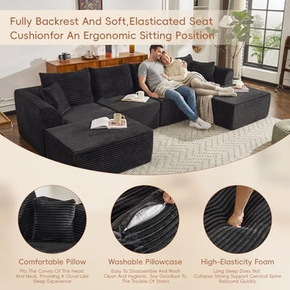 130" Sectional Couches for Living Room，U-Shaped Modular Sectional Sofa,Extra Deep Seat 6-Seater Boneless Sectional with 2 Ottomans，High Density Foam Sofa，No Assembly Required Corduroy Cloud Couch