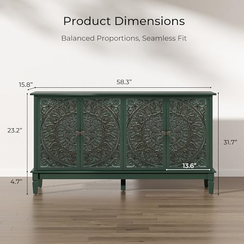 59" Solid Wood Buffet Cabinet, Accent Cabinet, 4 Carved Doors, view 4