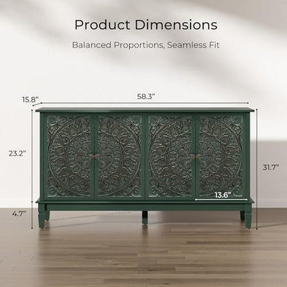 59" Solid Wood Buffet Cabinet, Accent Cabinet, 4 Carved Doors, view 4