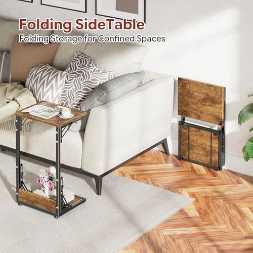 C Shaped End Table, Folding TV Tray Table, Side Table for Living Bedroom, Rustic Brown