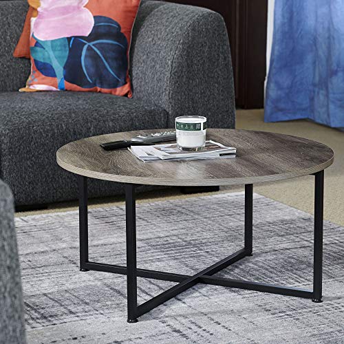 Jamestown Round Coffee Table Ashwood Rustic Wood Grain and Black Metal 31.5 x 31.5, Taupe