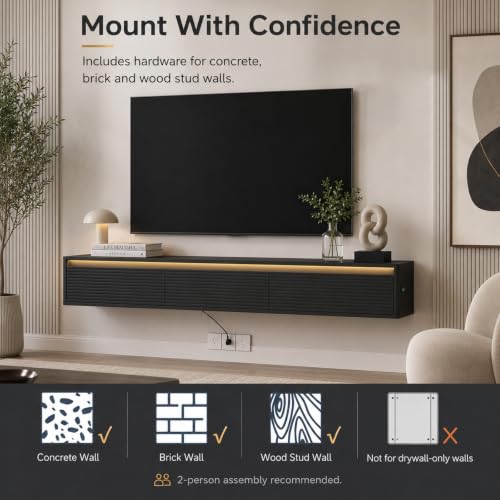 69" Fluted Floating TV Stand Wall Mounted with LED & Power Outlets Black, view 7