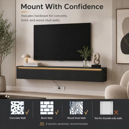 69" Fluted Floating TV Stand Wall Mounted with LED & Power Outlets Black, view 7