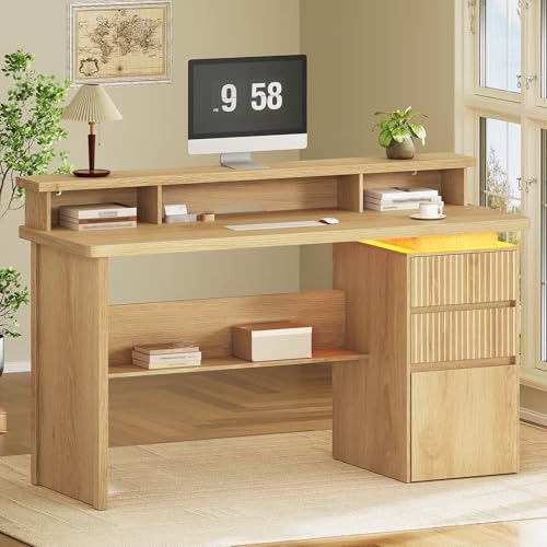59" Executive Desk with Drawer, Fluted Computer Desk with File Drawer, Monitor Stand, Home Office Desk with Charging Station, LED Light, Fluted Computer Writing Desk for Study, Natural