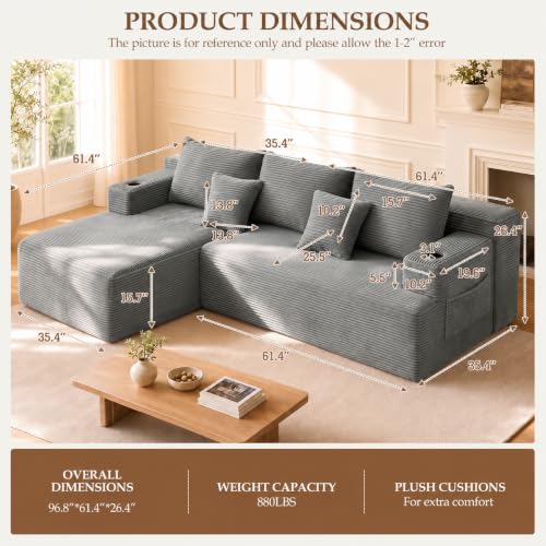 96.8" Cloud Modular Sectional Sofa Boneless Couch with L Shaped Chaise, Modern Corduroy Upholstered Deep Seat Couches Lounge with 5 Pillows for Living Room Bedroom(Dark Gray, Left Facing Chaise)