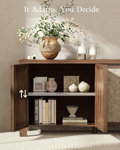 Buffet Cabinet with Storage, 63" Wide Sideboard with Solid Wood Handles and Rattan Look Accent Doors, Flexible Shelves, for Living Room, Kitchen, Dark Walnut