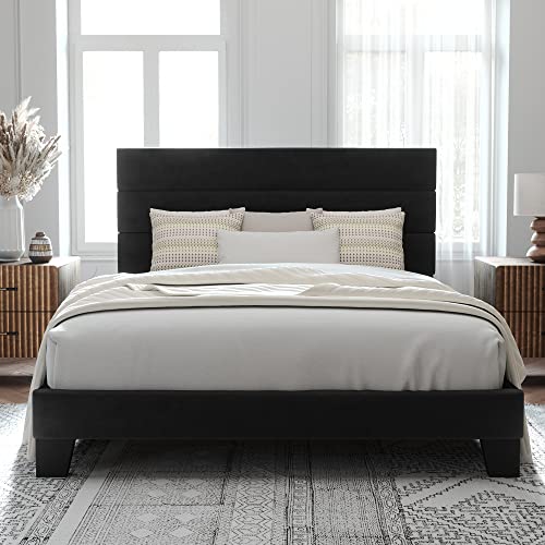 Queen Size Platform Bed Frame with Velvet Upholstered Headboard, view 4