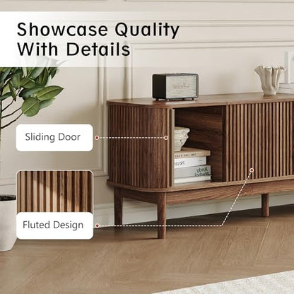 86in Fluted Walnut TV Stand for 85 Inch TV, Mid Century Media Console Table, view 6