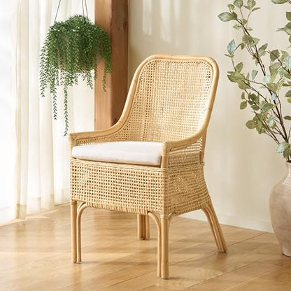 SAFAVIEH Furniture - Alina Dining Chair - Light Natural Rattan & White Cushion - Woven Armchair Design - Ideal for Dining Room, Kitchen, 18.3" Seat Height (DCH6511A)