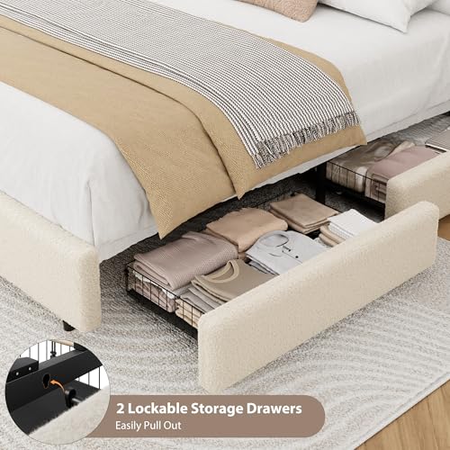 Queen Size Bed Frame with 2 Storage Drawer, Cream Beige, view 7