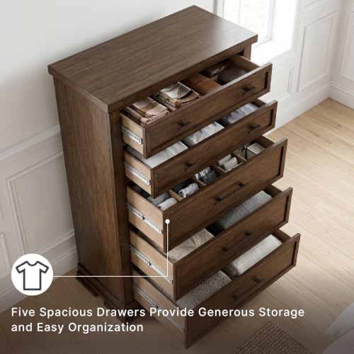 Signature Design by Ashley Taffenbrook Farmhouse Chest of Drawers, 58-Inch Tall Dresser for Bedroom, Hardwood Solids, Mango Wood Veneer, and MDF Substrate, Medium Brown